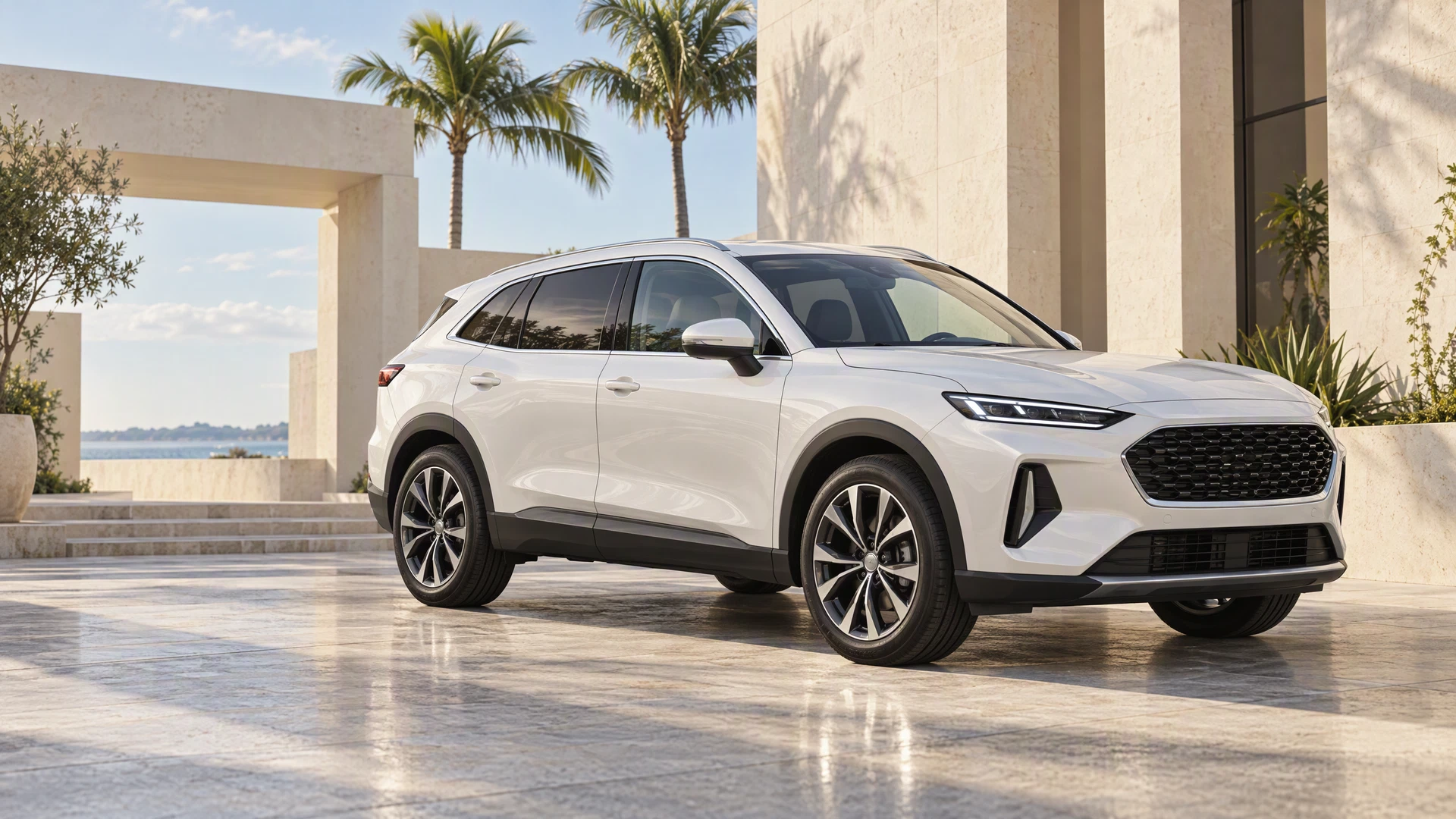 Illustrative white SUV in a sunny architectural courtyard